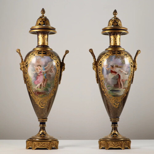 A pair of 19th century sevres style porcelain vases and cover signed Poitevin