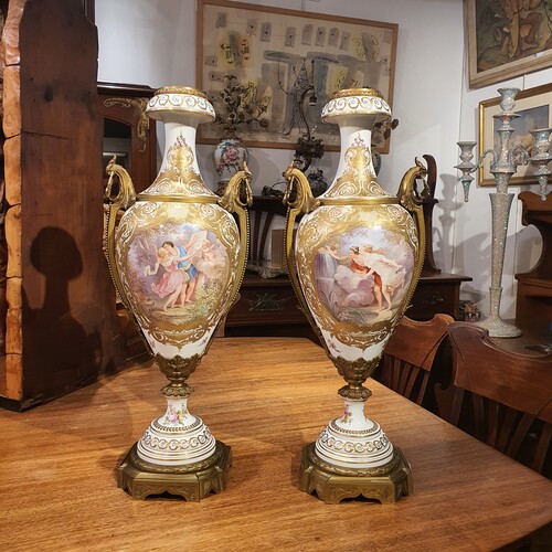 Large pair of 19th century sevres style porcelain vases. Signed Poitevin. Lids missing . Height 70cm