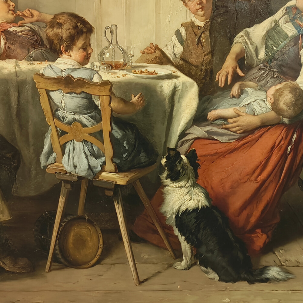 Théodore GÉRARD 🇧🇪 (1829-1895/1902) Huile sur panneau « Repas animé » Signée et datée: Théodore Gérard 1875  trace d’étiquette d’exposition au dos