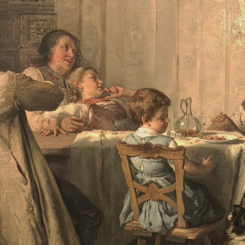 Théodore GÉRARD 🇧🇪 (1829-1895/1902) Huile sur panneau « Repas animé » Signée et datée: Théodore Gérard 1875  trace d’étiquette d’exposition au dos