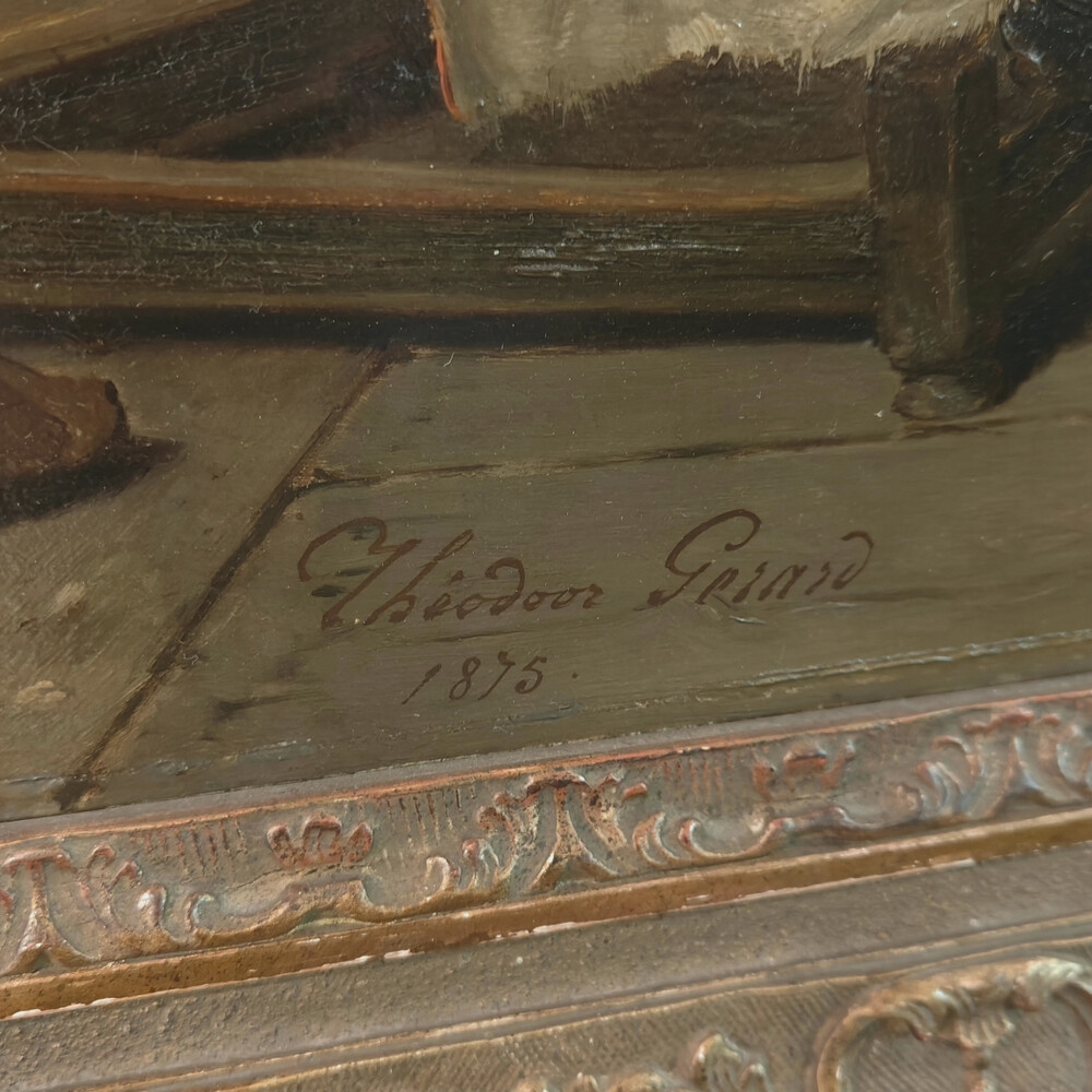 Théodore GÉRARD 🇧🇪 (1829-1895/1902) Huile sur panneau « Repas animé » Signée et datée: Théodore Gérard 1875  trace d’étiquette d’exposition au dos